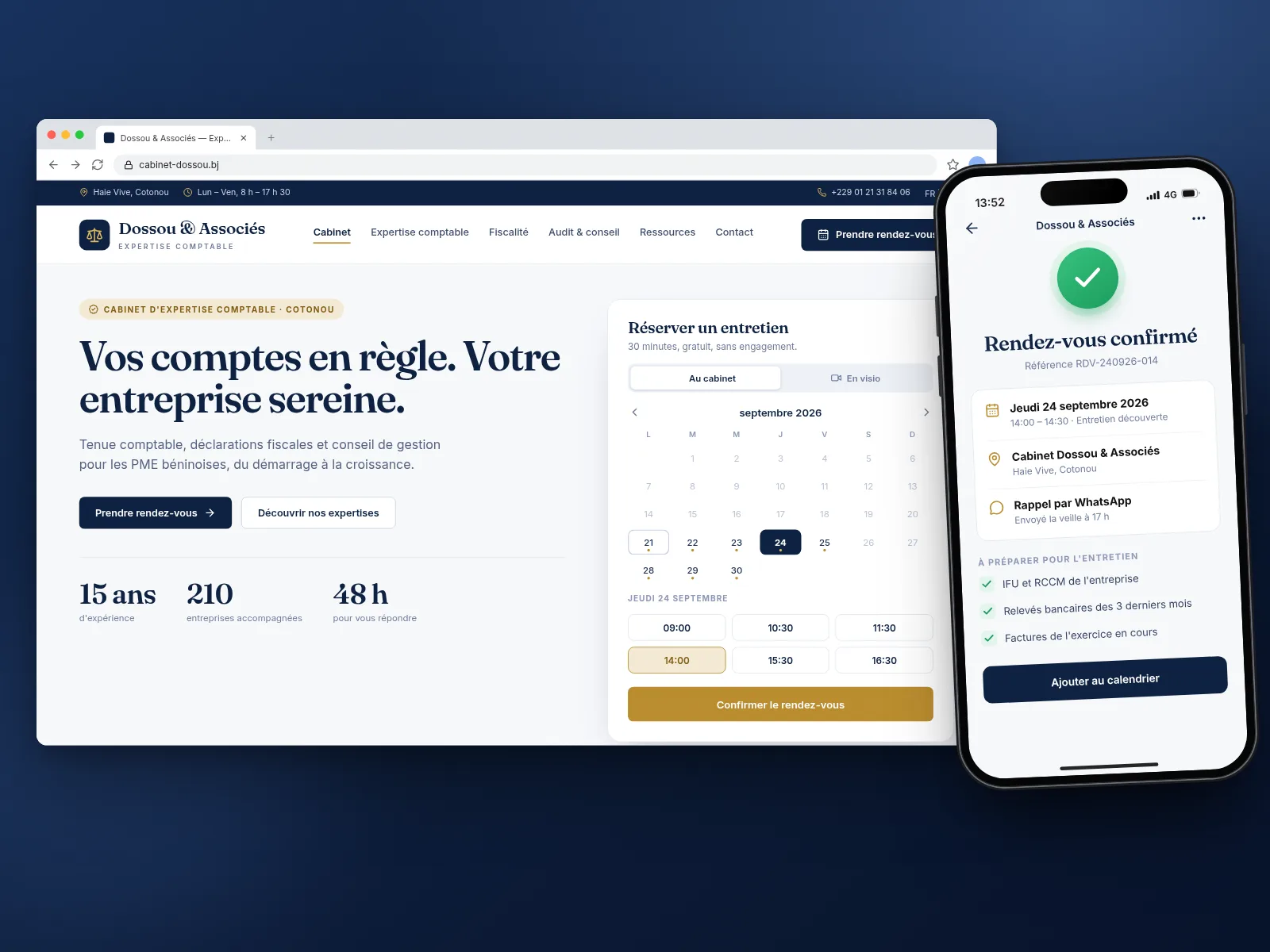 Site du cabinet Dossou & Associés : page d'accueil et confirmation de rendez-vous sur mobile