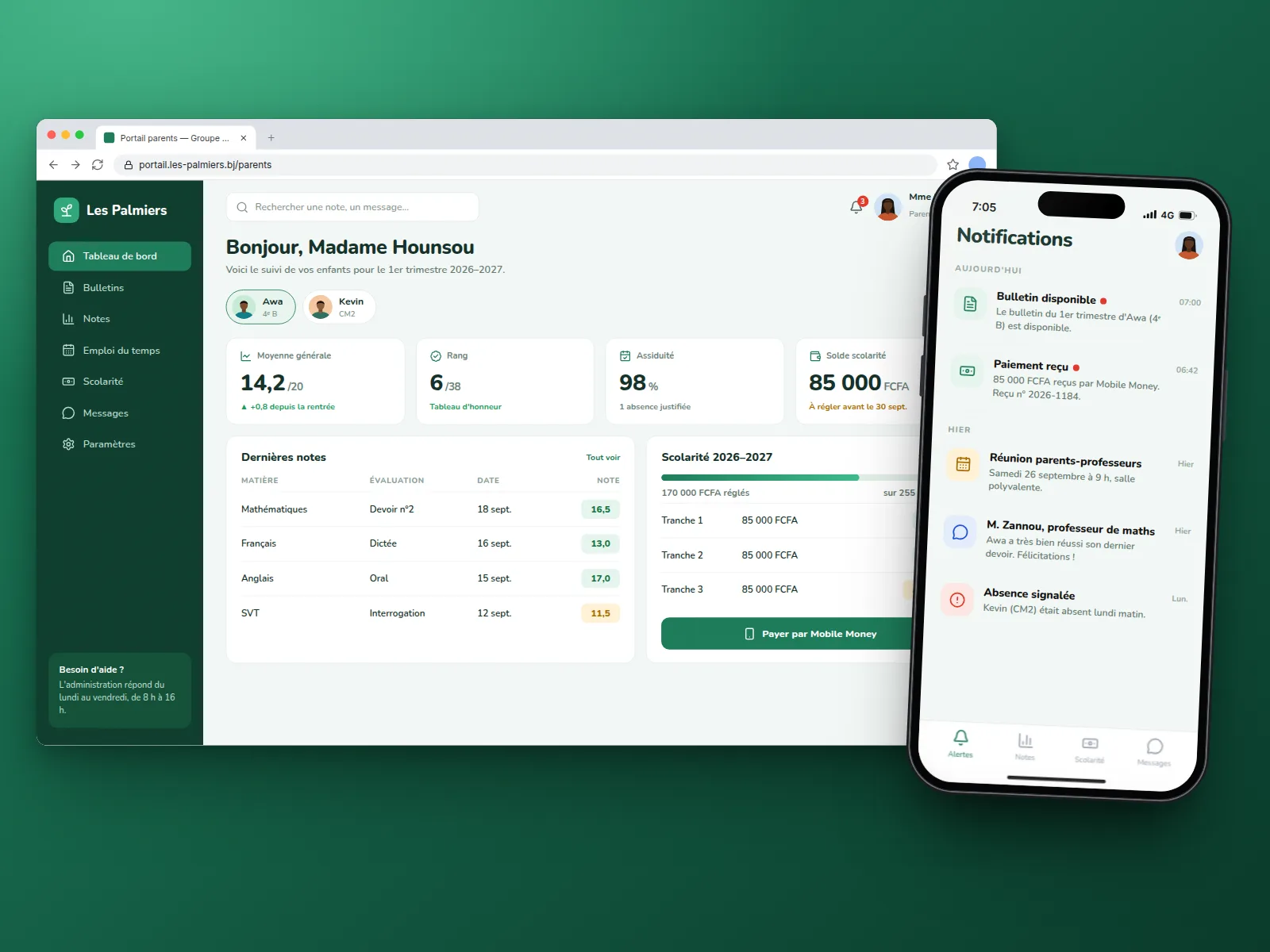 Portail du Groupe Scolaire Les Palmiers : tableau de bord d'un élève et notifications sur mobile