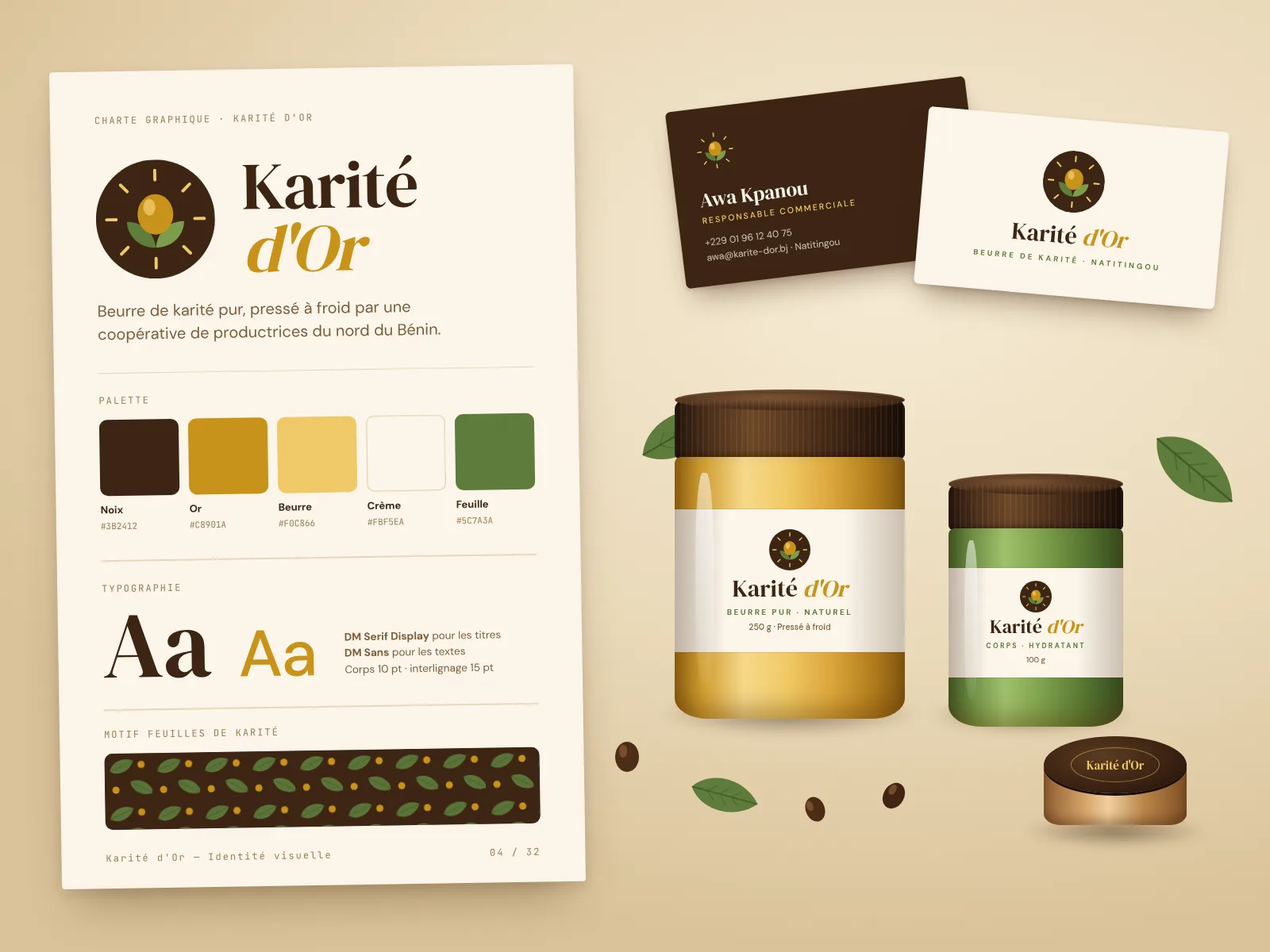 Identité Karité d'Or : logotype, palette, typographie et trois pots de beurre de karité
