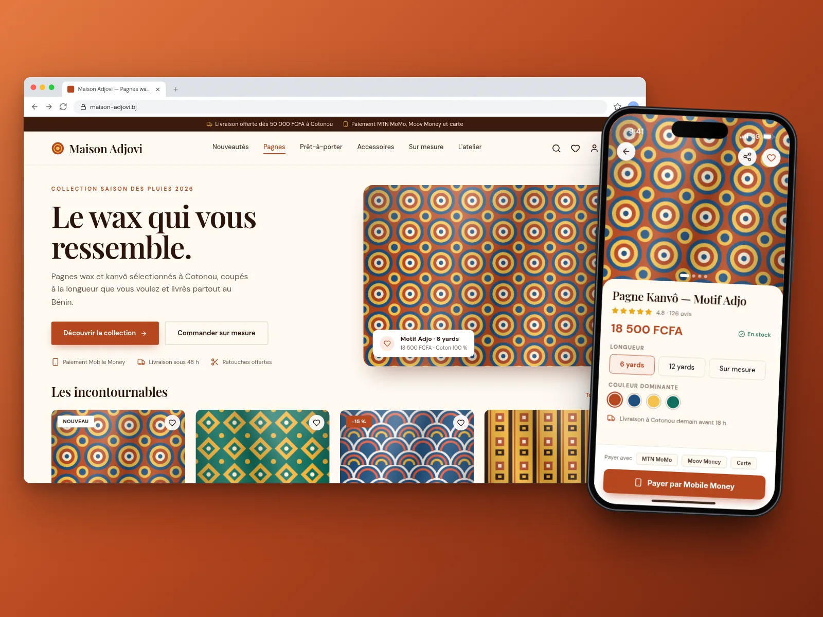 Boutique en ligne Maison Adjovi : catalogue de pagnes sur ordinateur et fiche produit sur mobile