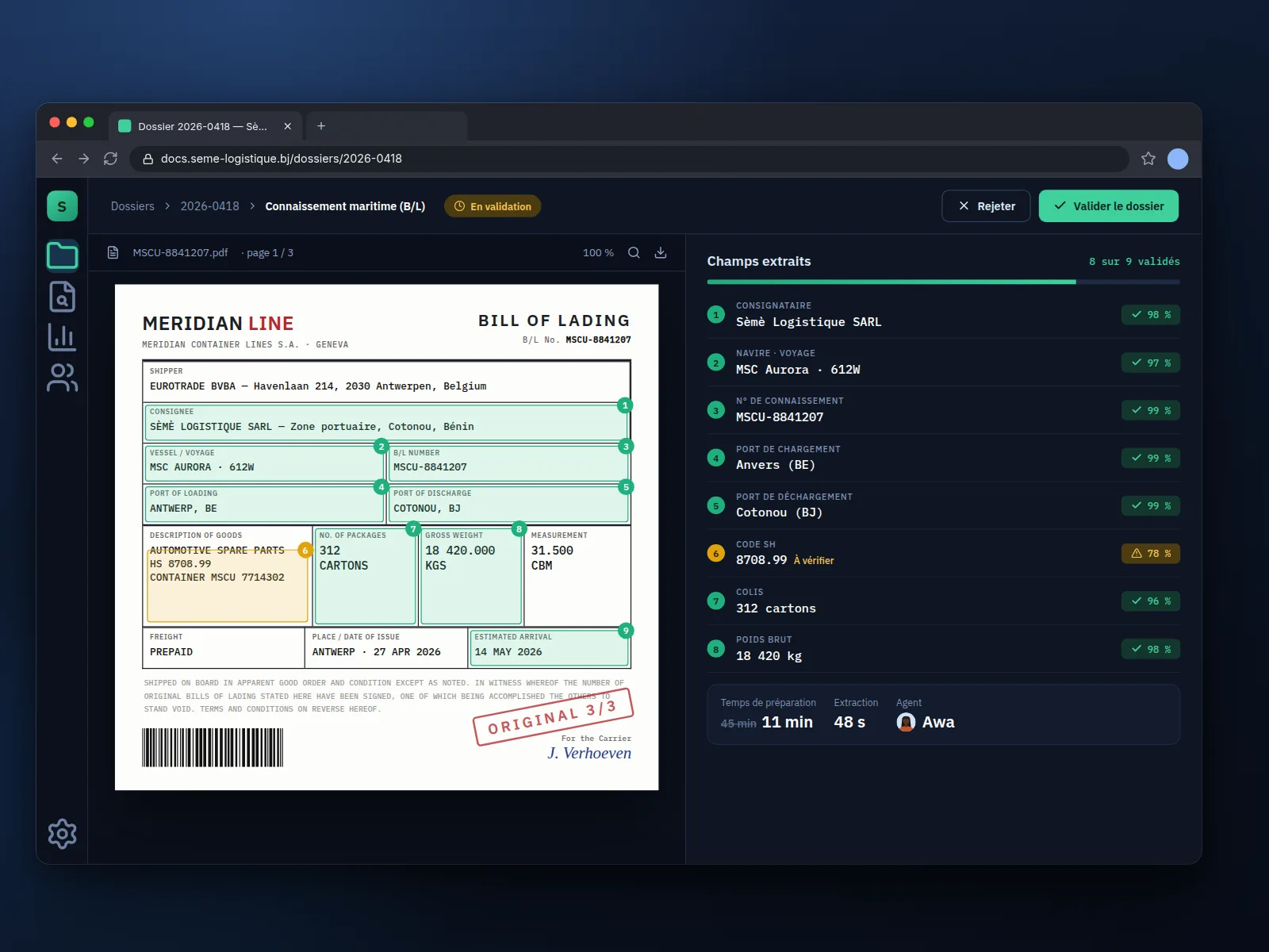 Outil Sèmè Logistique : connaissement maritime à gauche, champs extraits et scores de confiance à droite