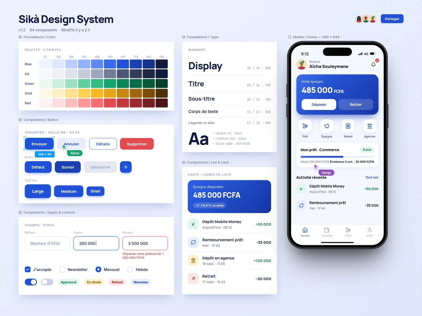 Design system Sikà : palette, boutons, champs, typographie et écran d'épargne sur mobile